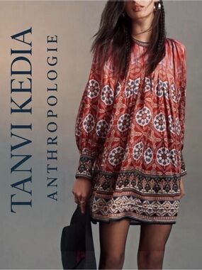 Tanvi Kedia Anthropologie Boho Beaded Mini Shift Dress Long Sleeves Lined Large